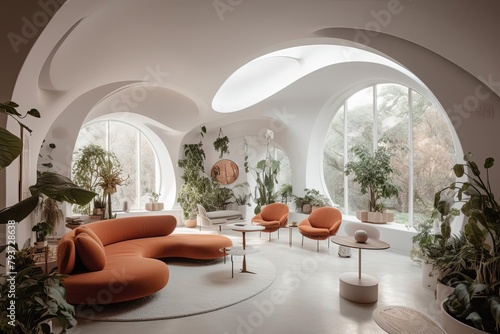 Organic Living Room with Orange Furniture and Forest View