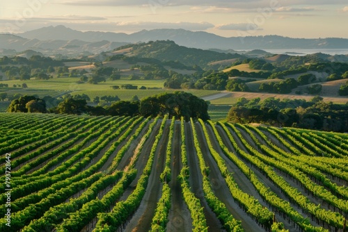 Elegant view of a vineyard at sunset  showcasing the vibrant green rows under a golden sky  with rolling hills and a serene lake in the background.