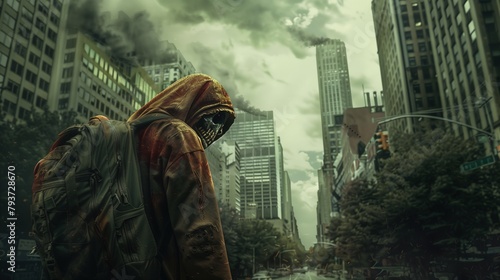 zombie in a destroyed city, apocalyptic landscape