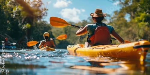 Two people are paddling a yellow kayak in a river
