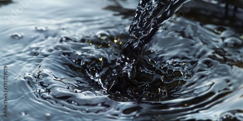 Close-up of a faucet overflowing with black, oily water, symbolizing industrial waste polluting the water supply. photo