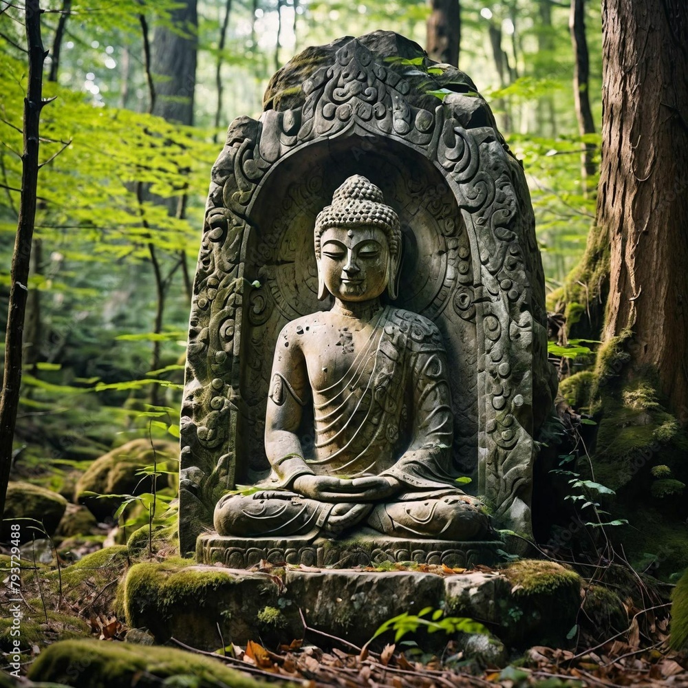 Ancient stone Buddha carving in tranquil forest clearing, hidden gem.