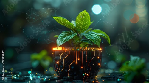 Verdant foliage emerging from a digitalized planter with circuitry design on a glowing tech-inspired background
