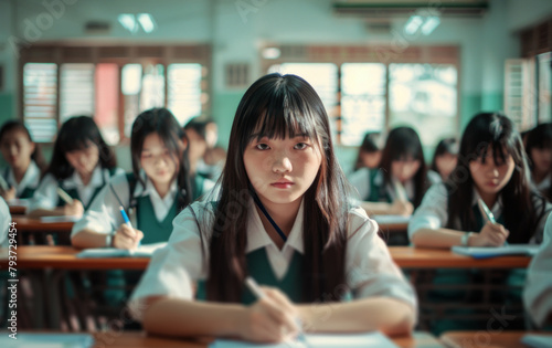 High school students taking exams in a classroom