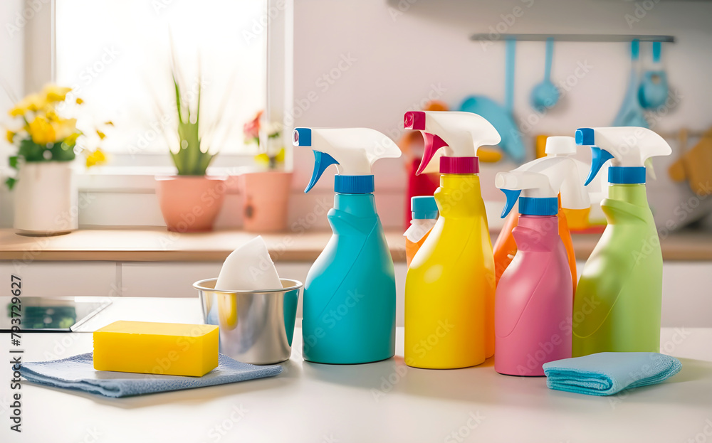 cleaning items on wooden table and blurry modern kitchen background. Washing set colorful with copy space banner. cleaning items on wooden table and blurry modern kitchen background. Washing set colorful with copy space banner.