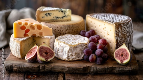 Assorted gourmet cheeses on a dark wooden table, complemented by figs and grapes