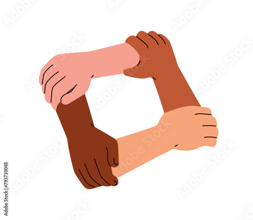 Four diverse hands in unity, holding one another in circle. Teamwork, support, solidarity concept. Trust and cooperation in international team. Flat vector illustration isolated on white background