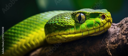Closeup of a green Western green mamba snake on a branch in wildlife