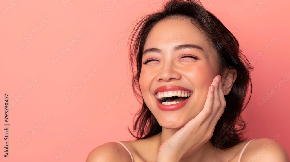 Radiant young Asian woman on soft pink backdrop, laughing joyfully, touching her cheek, evoking happiness and health, styled as clean and contemporary. Radiant young Asian woman on soft pink backdrop, laughing joyfully, touching her cheek, evoking happiness and health, styled as clean and contemporary.