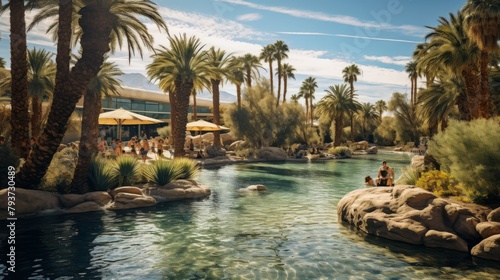 People in swimwear enjoying a pool amidst lush palm trees © Muhammad