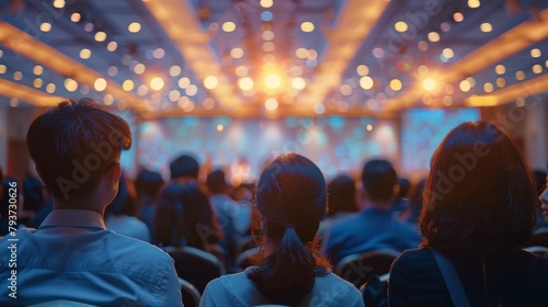 Attentive audience in dimmed hall focuses on speakers, engaging in a corporate event.