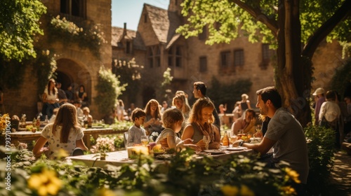 A group of diverse individuals seated around a wooden table outdoors, engaged in lively conversation while enjoying the fresh air