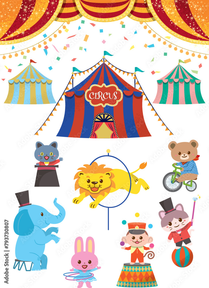 Fototapeta premium かわいいアニマルサーカス テント付きイラスト