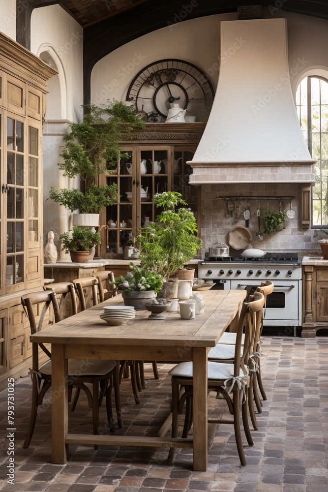 A French country kitchen with distressed wood cabinetry, wrought iron accents, and a farmhouse table