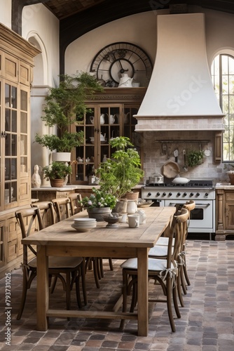 A French country kitchen with distressed wood cabinetry  wrought iron accents  and a farmhouse table