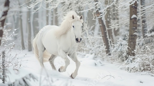A white horse is running through a snowy forest.