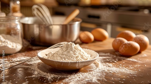 Whisk and flour await the baker's touch in a serene prelude to pastry perfection. photo