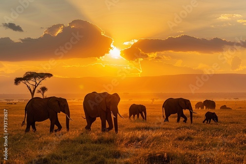 Safari landscape with elephants grazing in the savannah under the sunset.