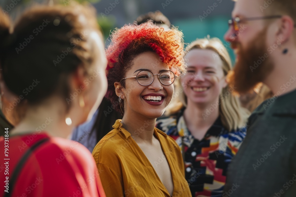 Group of diverse people having a great time together at a music festival