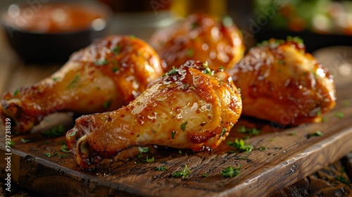 Savory and crunchy, the golden-brown drumsticks offer a fast-food feast on a wooden board. photo