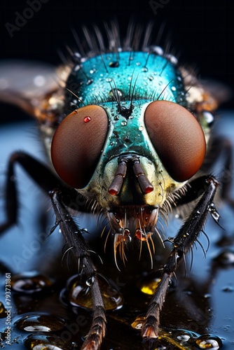 A detailed view of a blue fly with prominent large eyes, captured up close as it rests on a window pane. The vivid blue color of the fly contrasts with its translucent wings © Vit