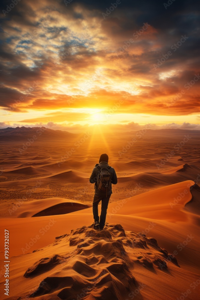 A man stands at the peak of a sand dune, capturing the stunning sunrise over the desert landscape in the early morning light