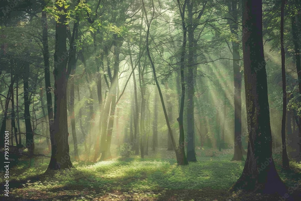 Fototapeta premium Serene view of a misty forest with sunlight filtering through the trees.