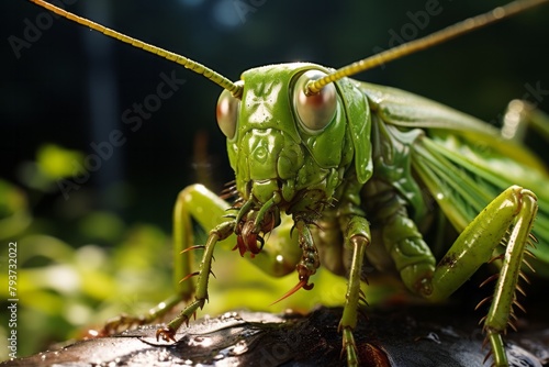 Close-up of a grasshopper nymph shedding its exoskeleton while perched on a leaf in a natural setting photo