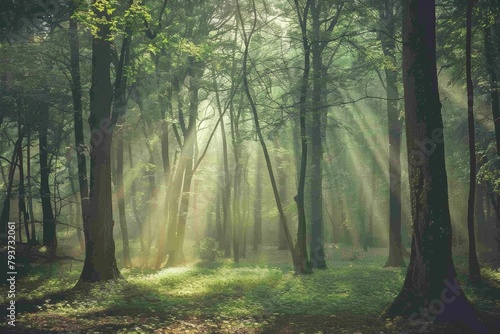 Serene view of a misty forest with sunlight filtering through the trees.