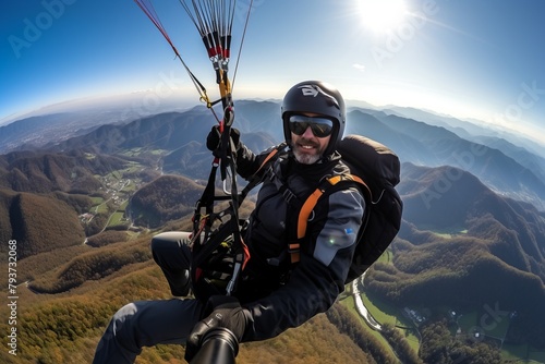 A man wearing a helmet and goggles is paragliding over a lush green valley. He is soaring through the sky with a parachute behind him