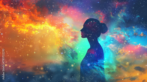 Universe meta human goddess spirit silhouette on galaxy