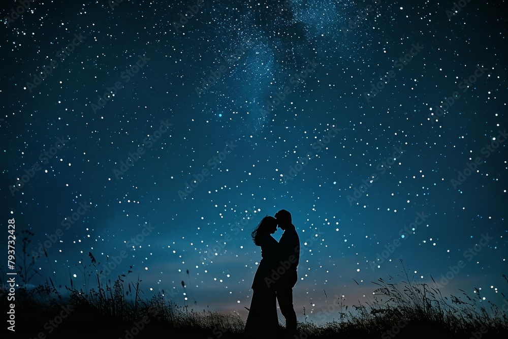 Silhouette of a couple hugging each other under the starry night sky.
