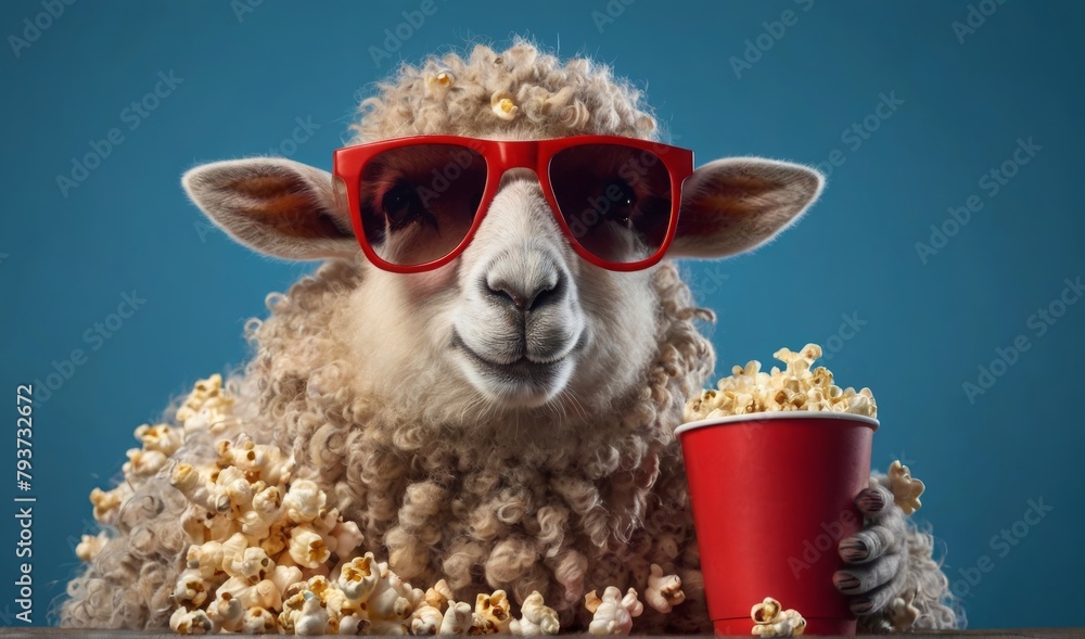 Fototapeta premium Funny hipster sheep with fashion sunglasses holds a red cup of cola and a basket of popcorn rest and watching a movie on a blue background. Creative idea, rest. Happy fun animal concept See Less