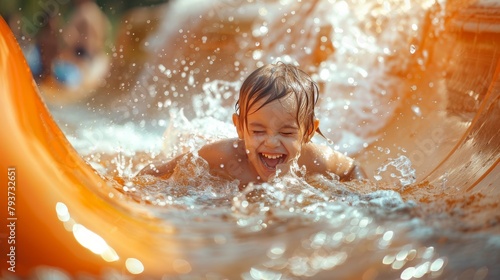 Joyful child descends a vibrant water slide  splashes of fun in the sun