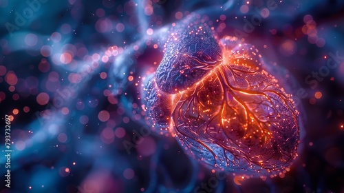 Stunning illustration of a bioengineered heart, glowing cells and tissues in vivid detail