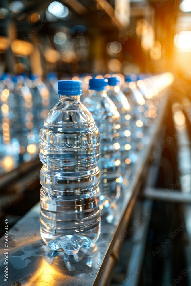 Hygienically bottling drinking water in plastic bottles at a sanitized production facility Hygienically bottling drinking water in plastic bottles at a sanitized production facility