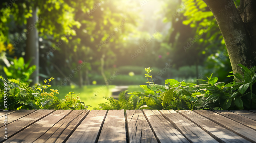 Serene garden view from a wooden deck at sunrise. Empty natural copy space for product presentation. Generative AI Serene garden view from a wooden deck at sunrise. Empty natural copy space for product presentation. Generative AI