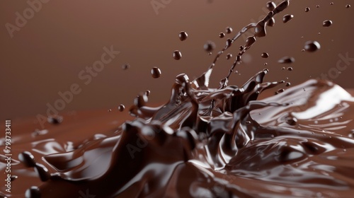 closeup of chocolate liquid splash in the air over a brown background