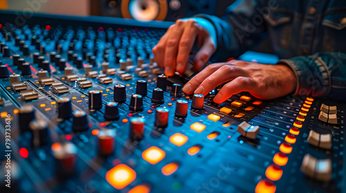 DJs Mixing Console Illuminated by Vibrant Lights, Capturing the Essence of Music Production
