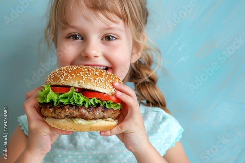Girl enjoying tasty burger in vibrant portrait on soft background with ample text space