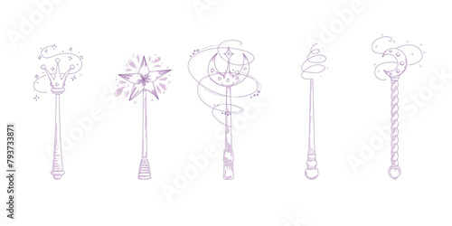 Magic wands doodle set. Fairytale element in sketch style. Hand drawn vector illustration isolated on white background