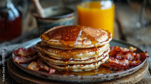 Delicious pancake stack with crispy bacon and maple syrup on a rustic table