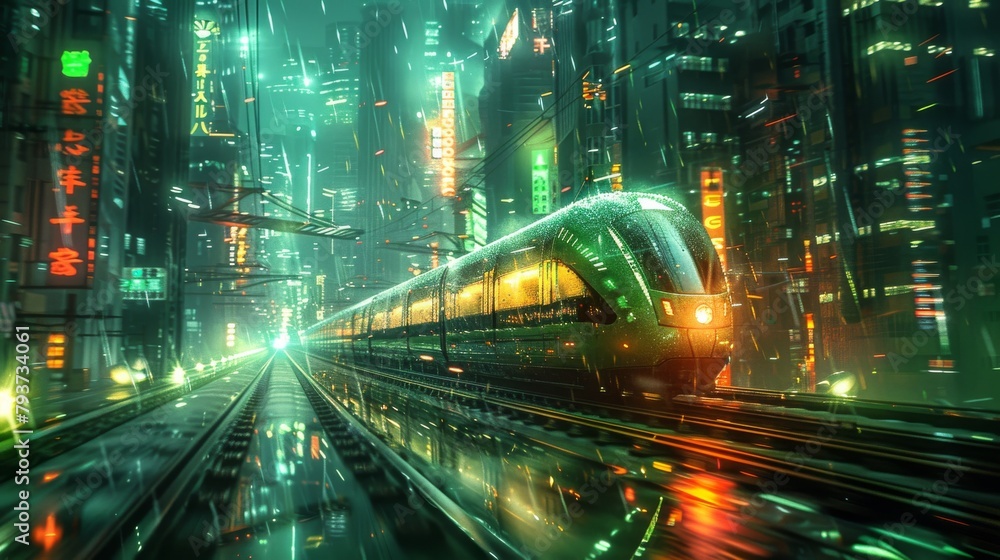 Futuristic train speeding through a neon-lit cityscape under rain