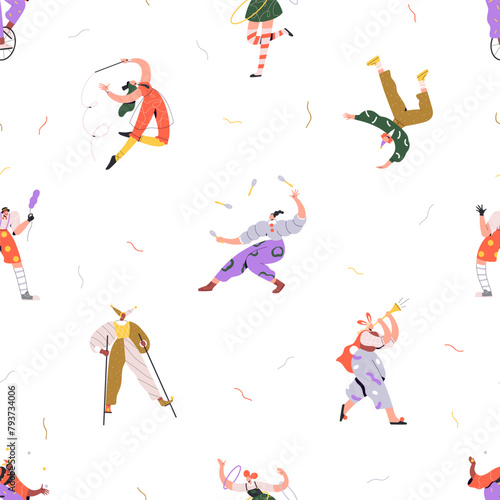 Circus  carnival and festival artists  seamless pattern design. Festive characters  clown  acrobat  jester and juggler  endless background. Carnaval  repeating print. Colored flat vector illustration
