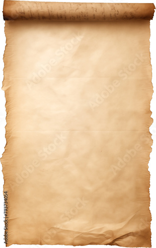 LONG UNROLLED PARCHMENT PAGE, Blank, Isolated, vertical scroll, Aged paper. A mock-up with wide copy space suitable for memo, message, text insertion.