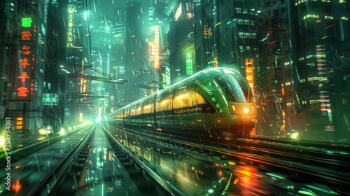 Futuristic train speeding through a neon-lit cityscape under rain