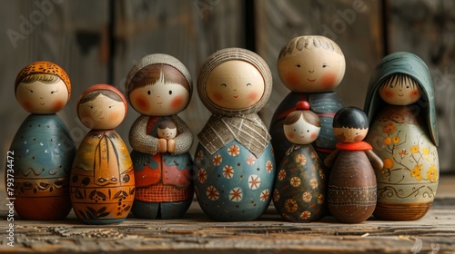Colorful collection of traditional Russian nesting dolls on wooden background