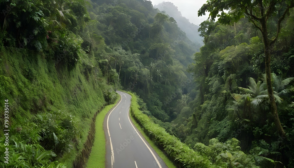A narrow road winding through a lush green rainfor upscaled 5