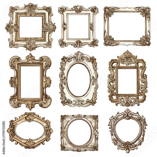 Empty picture frames in vintage victorian style. Antique classic carved frameworks set. Ornament borders, retro decorations for painting, photo. Flat vector illustration isolated on white background
