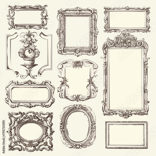 Empty picture frames in vintage victorian style. Antique classic carved frameworks set. Ornament borders, retro decorations for painting, photo. Flat vector illustration isolated on white background